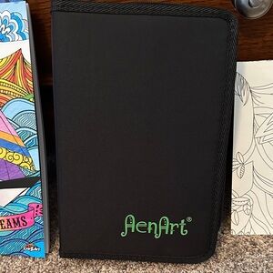 Black Zippered Art Portfolio with lots of gel coloring pens, 2 coloring books